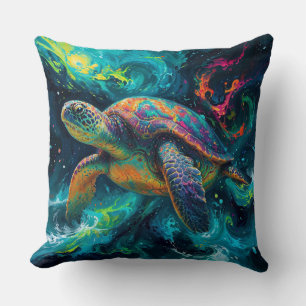Psychedelic Sea Turtle in Abstract Ocean Throw Pillow