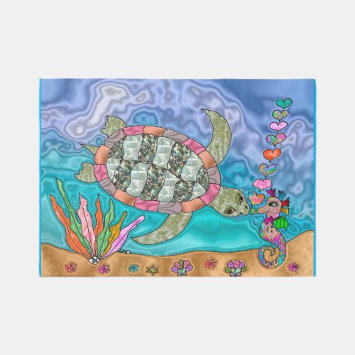 Psychedelic Sea Turtle Seahorse Art  7 x 5 Rug