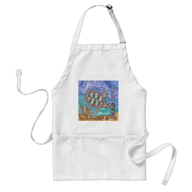 Psychedelic Sea Turtle Seahorse Art Adult Apron (Front)