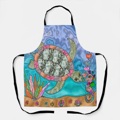 Psychedelic Sea Turtle Seahorse Art Apron