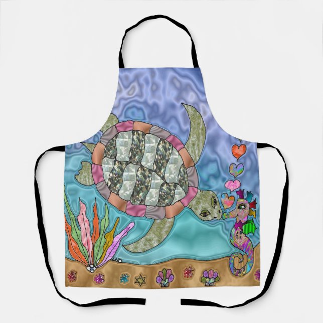 Psychedelic Sea Turtle Seahorse Art Apron (Front)