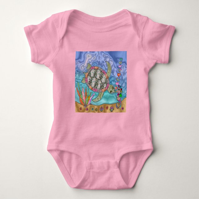 Psychedelic Sea Turtle Seahorse Art Baby Bodysuit (Front)