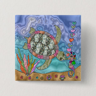Psychedelic Sea Turtle Seahorse Art Button