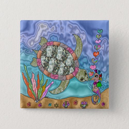 Psychedelic Sea Turtle Seahorse Art Button