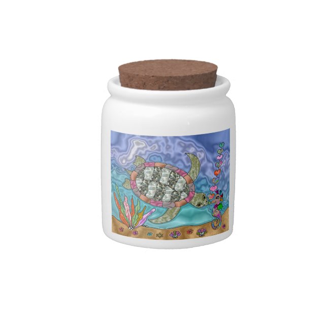 Psychedelic Sea Turtle Seahorse Art Candy Jar (Front)