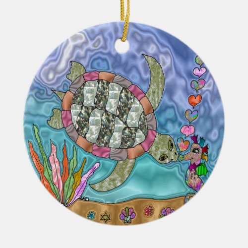 Psychedelic Sea Turtle Seahorse Art Ceramic Ornament