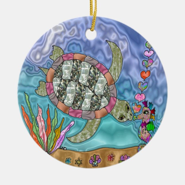 Psychedelic Sea Turtle Seahorse Art Ceramic Ornament (Front)
