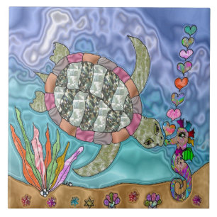 Psychedelic Sea Turtle Seahorse Art Ceramic Tile