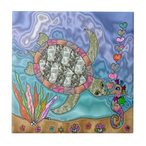 Psychedelic Sea Turtle Seahorse Art Ceramic Tile