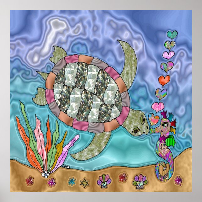 Psychedelic Sea Turtle Seahorse Art Ceramic Tile Poster (Front)