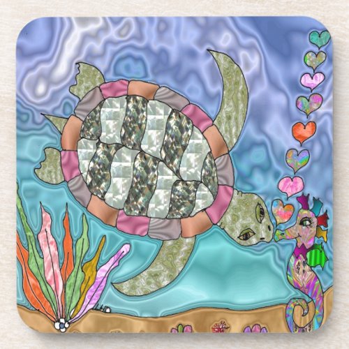 Psychedelic Sea Turtle Seahorse Art Coaster