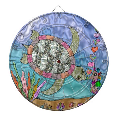 Psychedelic Sea Turtle Seahorse Art Dartboard With Darts