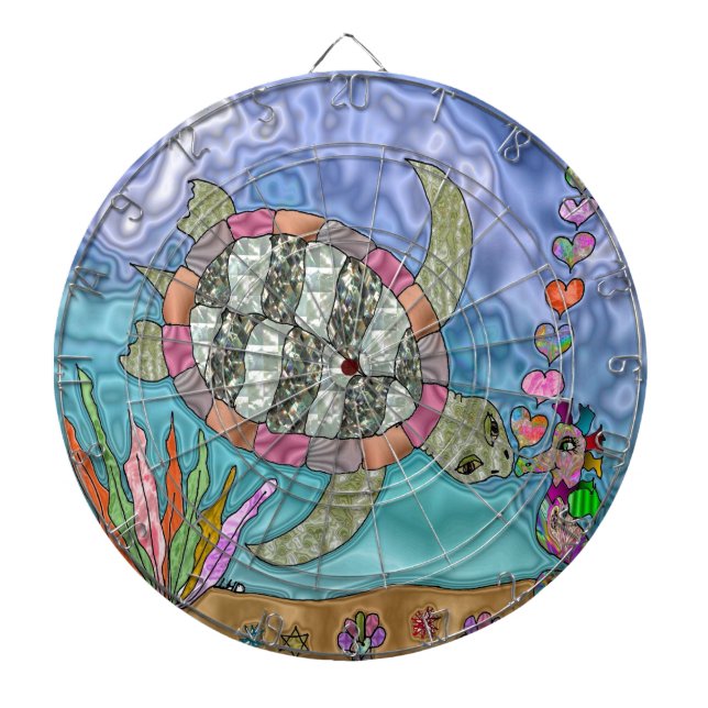 Psychedelic Sea Turtle Seahorse Art Dartboard With Darts (Front)