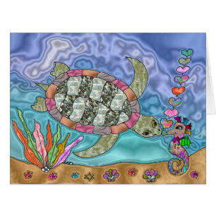 Psychedelic Sea Turtle Seahorse Art Greeting Card