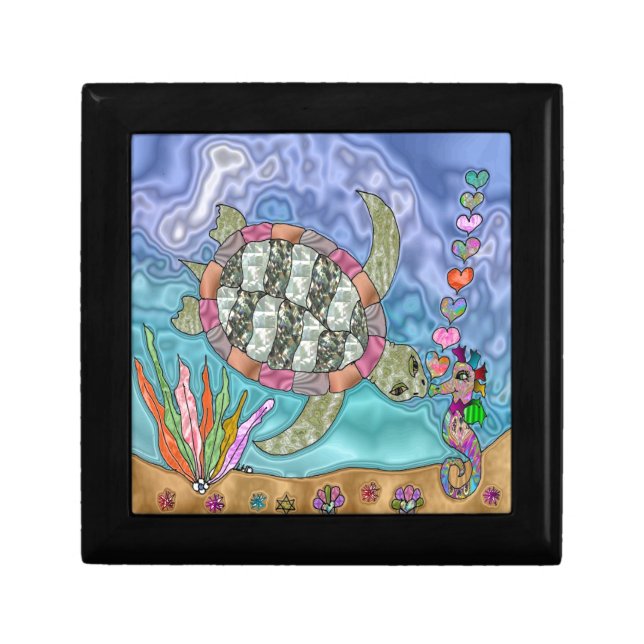 Psychedelic Sea Turtle Seahorse Art Jewelry Box (Front)