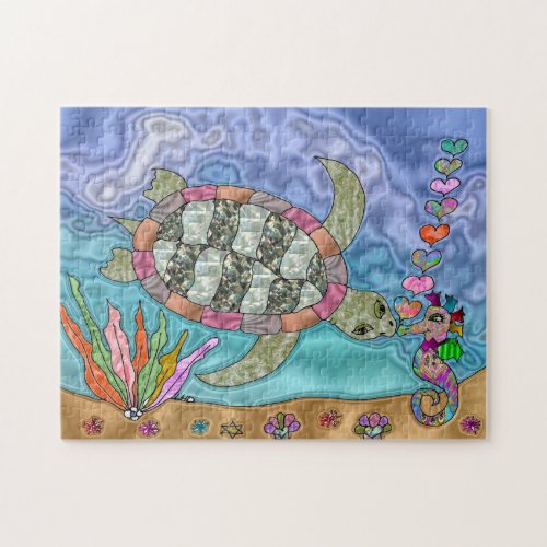 Psychedelic Sea Turtle Seahorse Art Jigsaw Puzzle