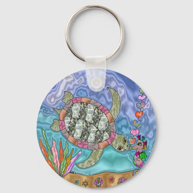 Psychedelic Sea Turtle Seahorse Art Keychain (Front)