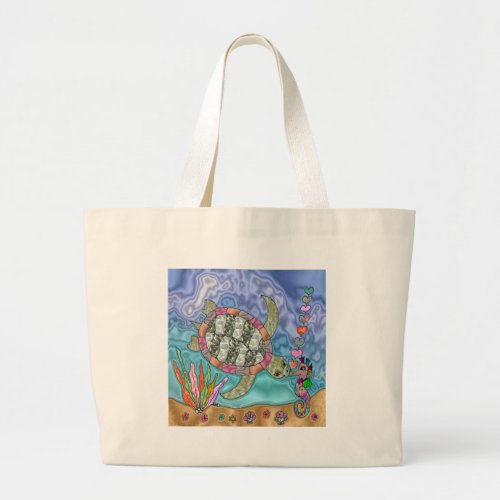Psychedelic Sea Turtle Seahorse Art Large Tote Bag