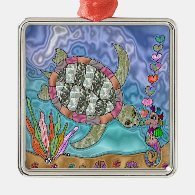 Psychedelic Sea Turtle Seahorse Art Metal Ornament (Front)