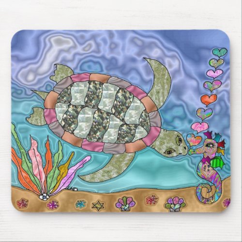 Psychedelic Sea Turtle Seahorse Art Mouse Pad