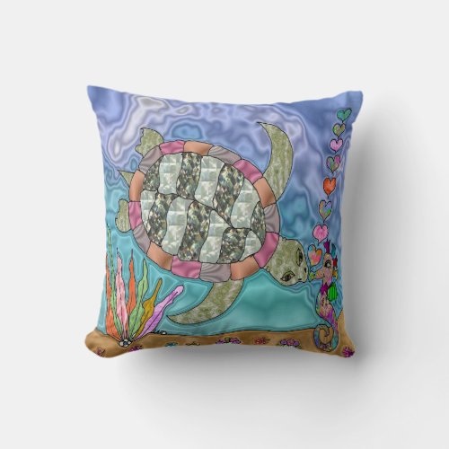 Psychedelic Sea Turtle Seahorse Art Pillow