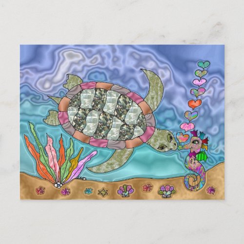 Psychedelic Sea Turtle Seahorse Art Postcard