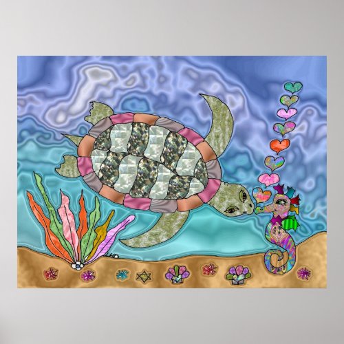 Psychedelic Sea Turtle Seahorse Art Poster