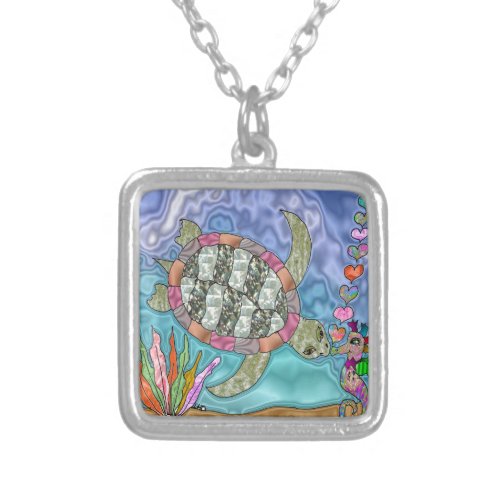 Psychedelic Sea Turtle Seahorse Art Silver Plated Necklace