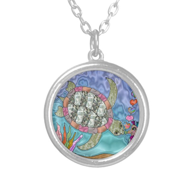Psychedelic Sea Turtle Seahorse Art Silver Plated Necklace (Front)