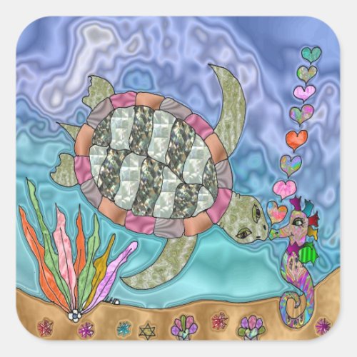 Psychedelic Sea Turtle Seahorse Art Square Sticker