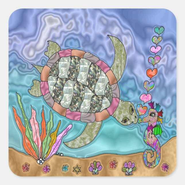 Psychedelic Sea Turtle Seahorse Art Square Sticker (Front)