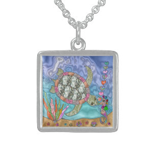 Psychedelic Sea Turtle Seahorse Art Sterling Silver Necklace