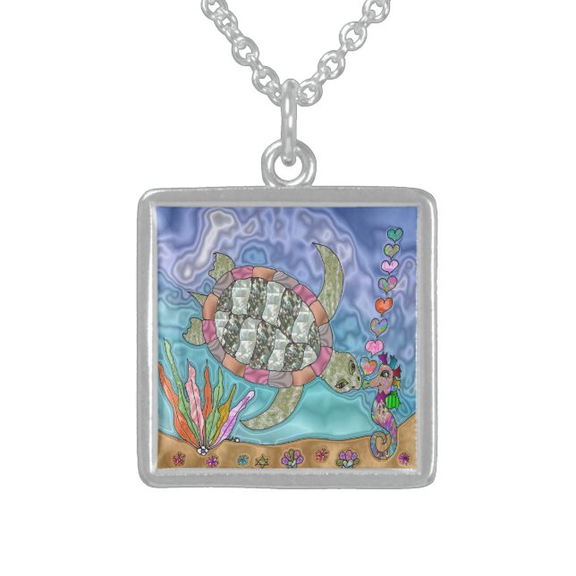 Psychedelic Sea Turtle Seahorse Art Sterling Silver Necklace (Front)