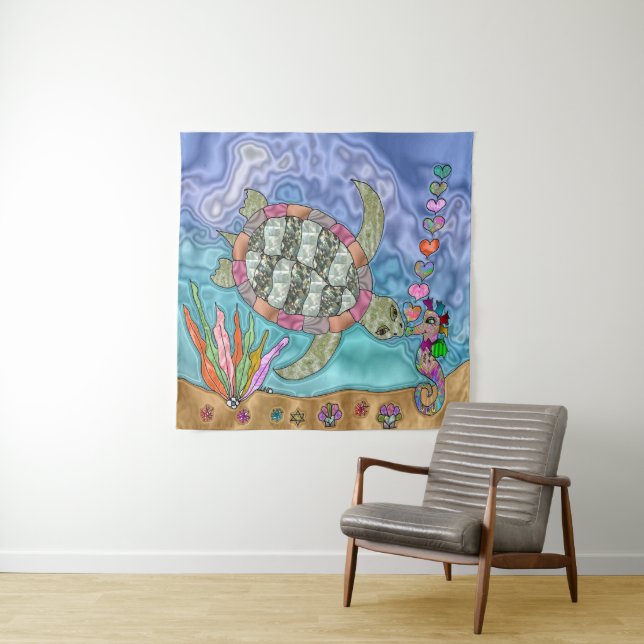 Psychedelic Sea Turtle Seahorse Art Tapestry (In Situ)