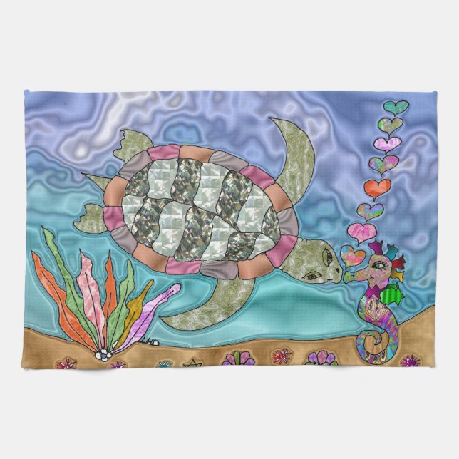 Psychedelic Sea Turtle Seahorse Art Towel (Horizontal)
