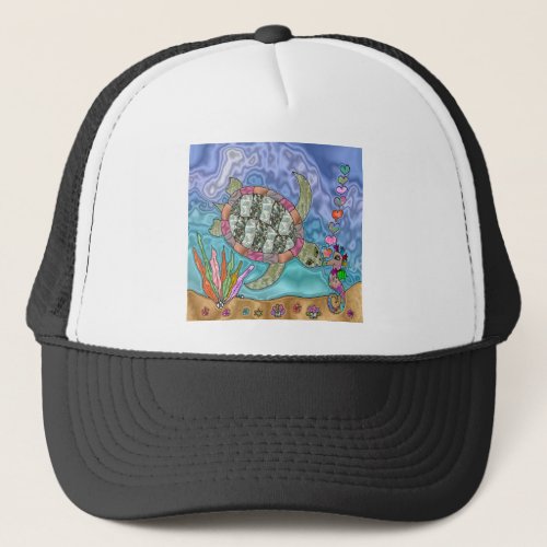Psychedelic Sea Turtle Seahorse Art Trucker Hat