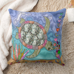 Psychedelic Sea Turtle Seahorse Kiss Throw Pillow
