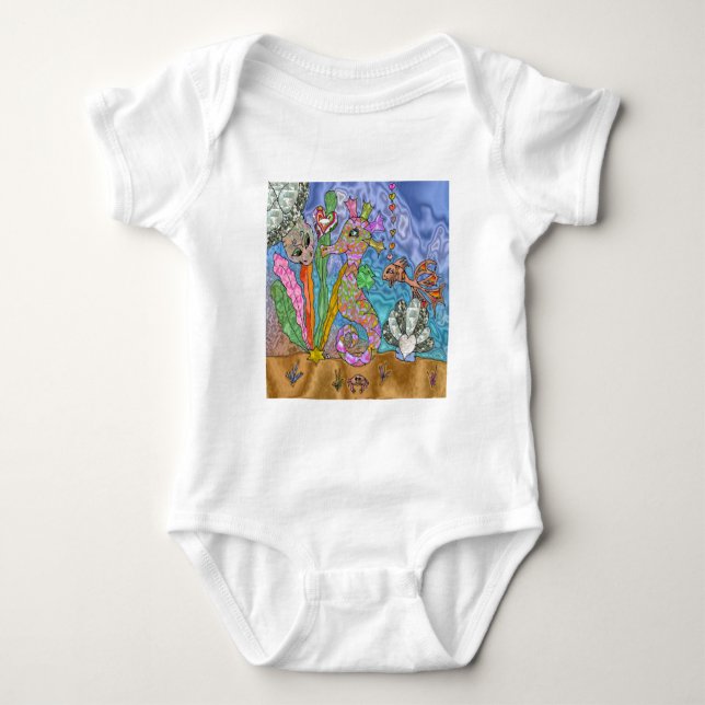 Psychedelic Seahorse Sea Turtle Art Baby Bodysuit (Front)