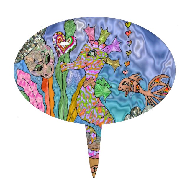 Psychedelic Seahorse Sea Turtle Art Cake Topper (Front)