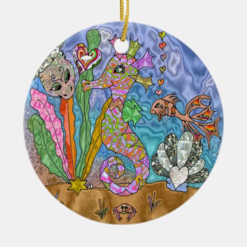 Psychedelic Seahorse Sea Turtle Art Ceramic Ornament