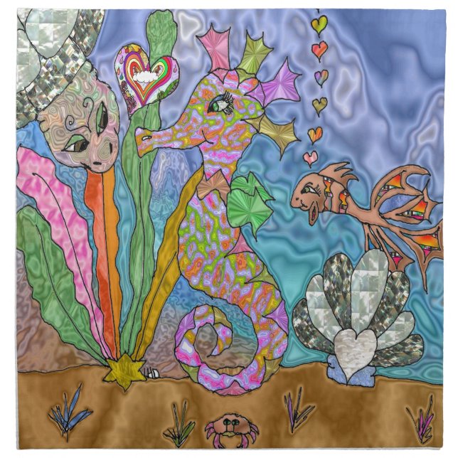Psychedelic Seahorse Sea Turtle Art Cloth Napkin (Front)