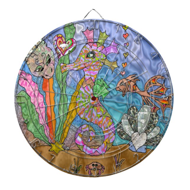 Psychedelic Seahorse Sea Turtle Art Dart Board (Front)
