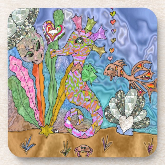 Psychedelic Seahorse Sea Turtle Art Drink Coaster (Front)