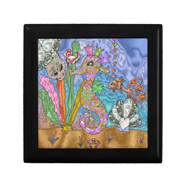 Psychedelic Seahorse Sea Turtle Art Jewelry Box (Front)