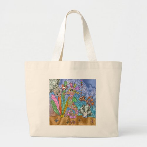 Psychedelic Seahorse Sea Turtle Art Large Tote Bag