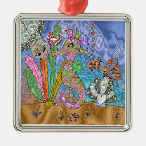 Psychedelic Seahorse Sea Turtle Art Metal Ornament
