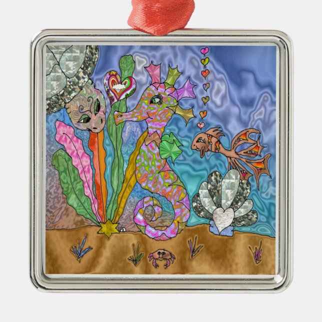 Psychedelic Seahorse Sea Turtle Art Metal Ornament (Front)