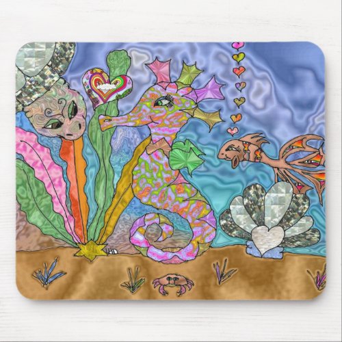 Psychedelic Seahorse Sea Turtle Art Mouse Pad