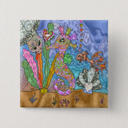 Psychedelic Seahorse Sea Turtle Art Pinback Button