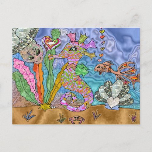 Psychedelic Seahorse Sea Turtle Art Postcard